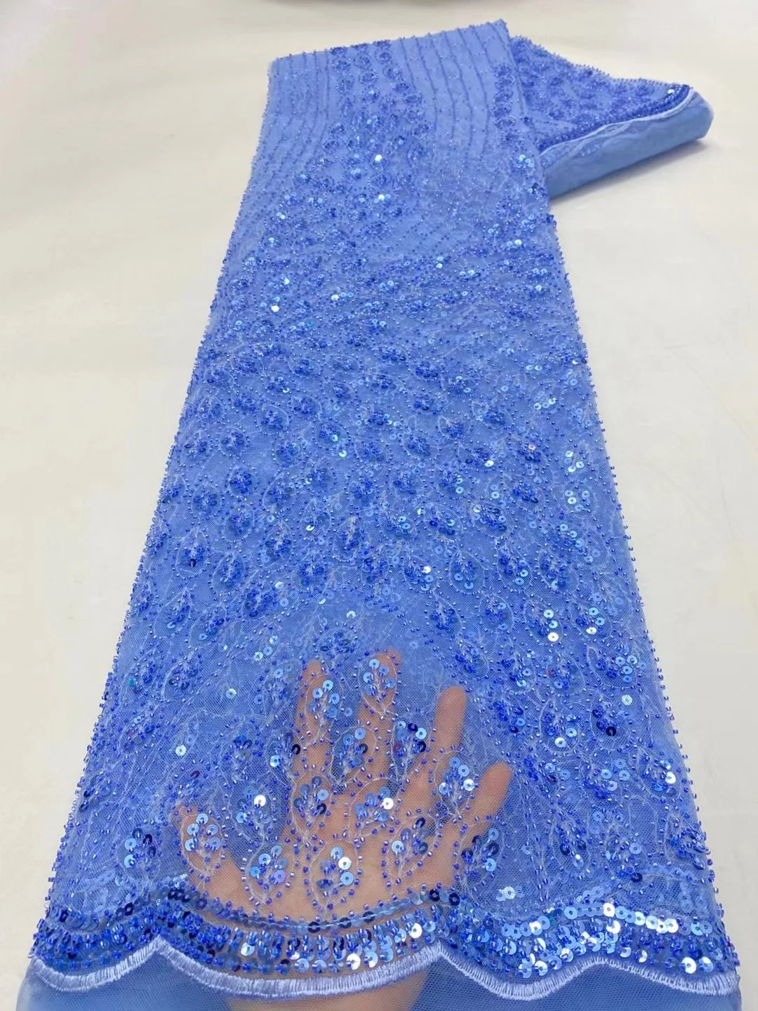 

Nigerian Latest Sky Blue Handmade Heavy Beaded Lace African Lace Fabric Luxury Sequins Net Lace Traditional Evening Dress Fabric