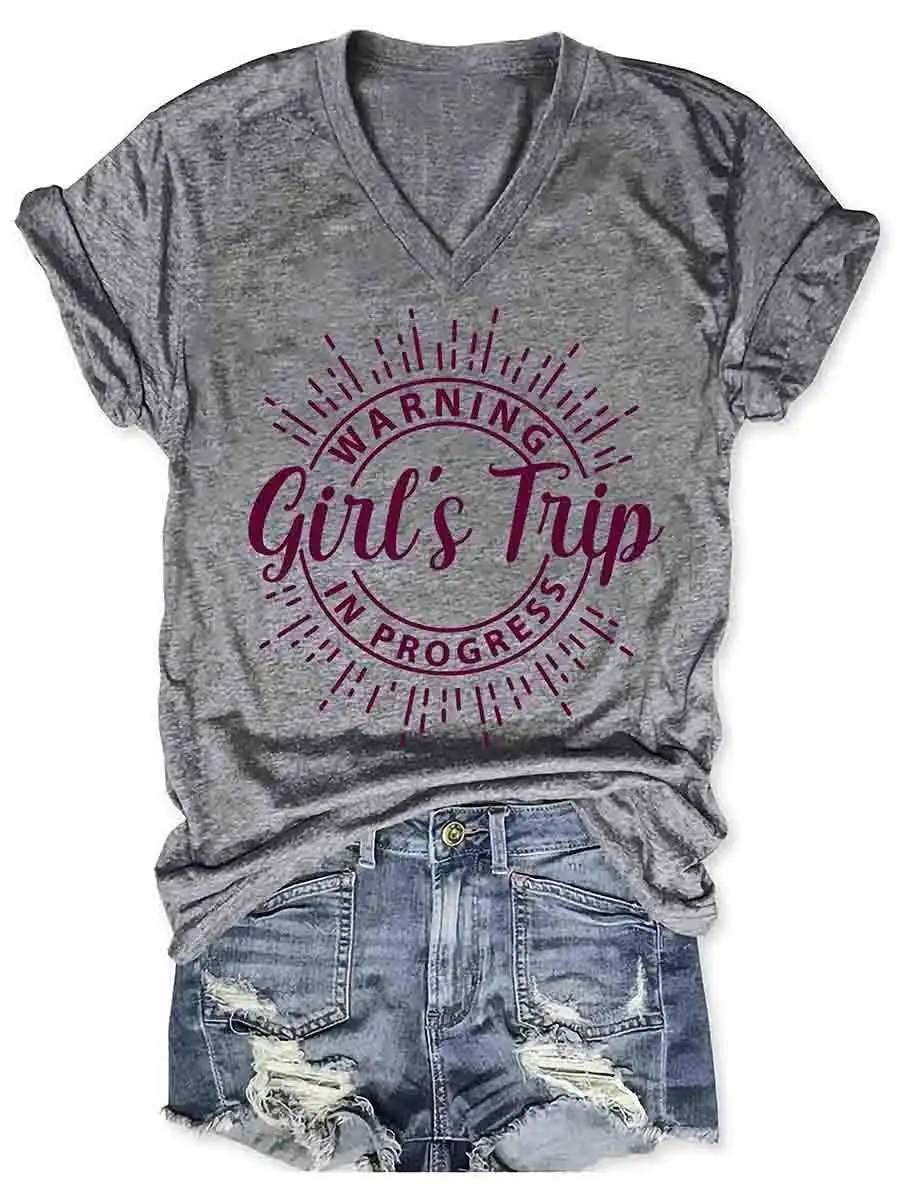 Women Warning Girl's Trip In Progress V-Neck Tee