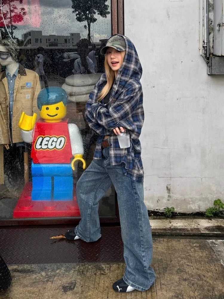 Фото Винтажные клетчатые рубашки женские Harajuku с длинным рукавом в американском стиле блузки с капюшоном на шнурке свободная повседневная уличная одежда весна №4