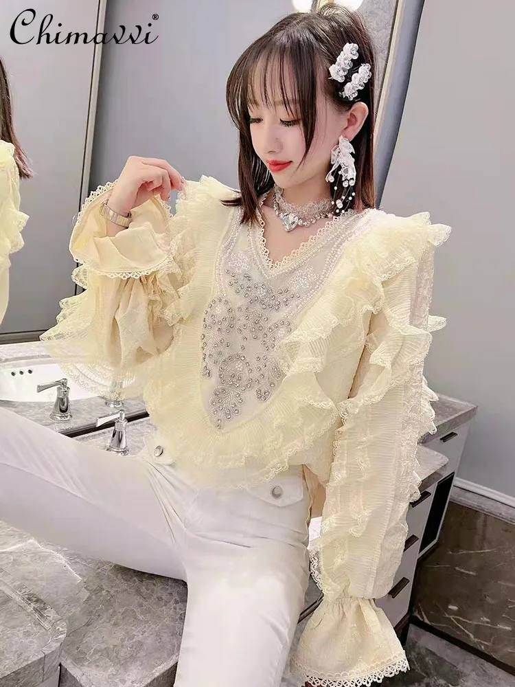 

2022 Spring Female New Korean Style Sweet Blusas Women Fashion Beads Lace Ruffled Patchwork Shirt Western Style Fairy V-neck Top