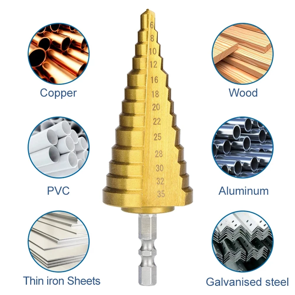 

Metal Drill 6-35mm13Step Drill 1/4 Inch Shank Step Drill For Metal Cone HSS Hex Shank Titanium Coated Straight Slot 13 Step High