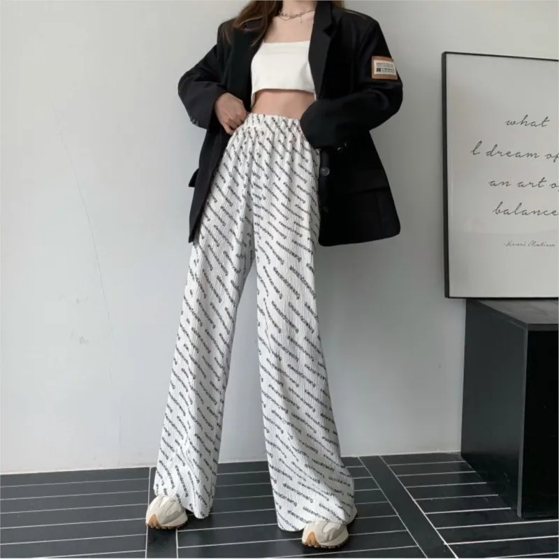 Pleated Casual Pants Women's Trend Letter Wide-leg Pants All-match Loose High-waisted Straight-leg Drapey Mopping Trousers