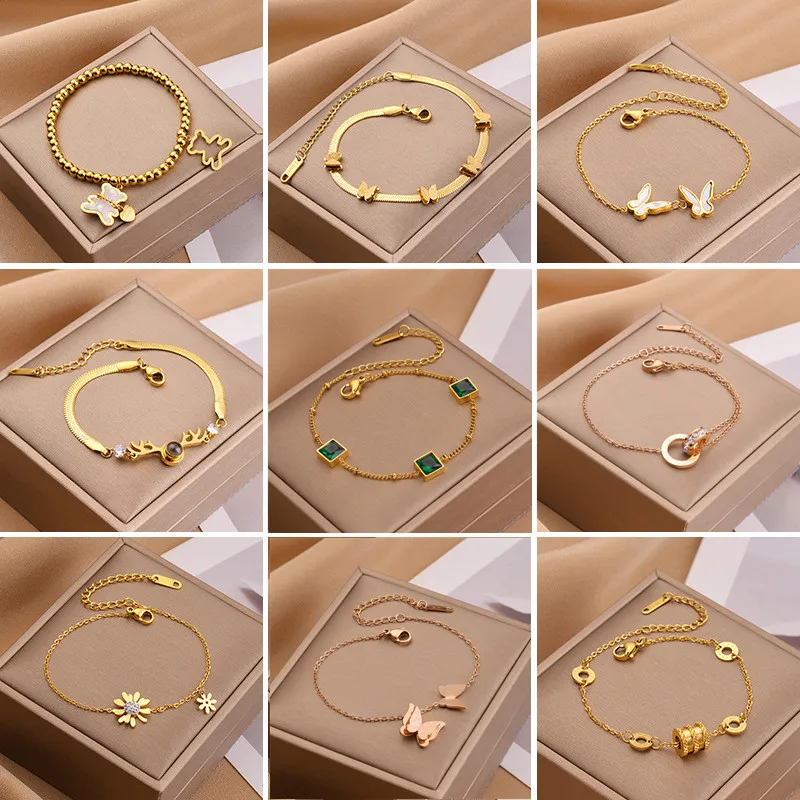 

Многослойный золотистый женский браслет из нержавеющей стали в стиле ретро панк бабочка цветок Римский браслет с подвесками ювелирные изд...