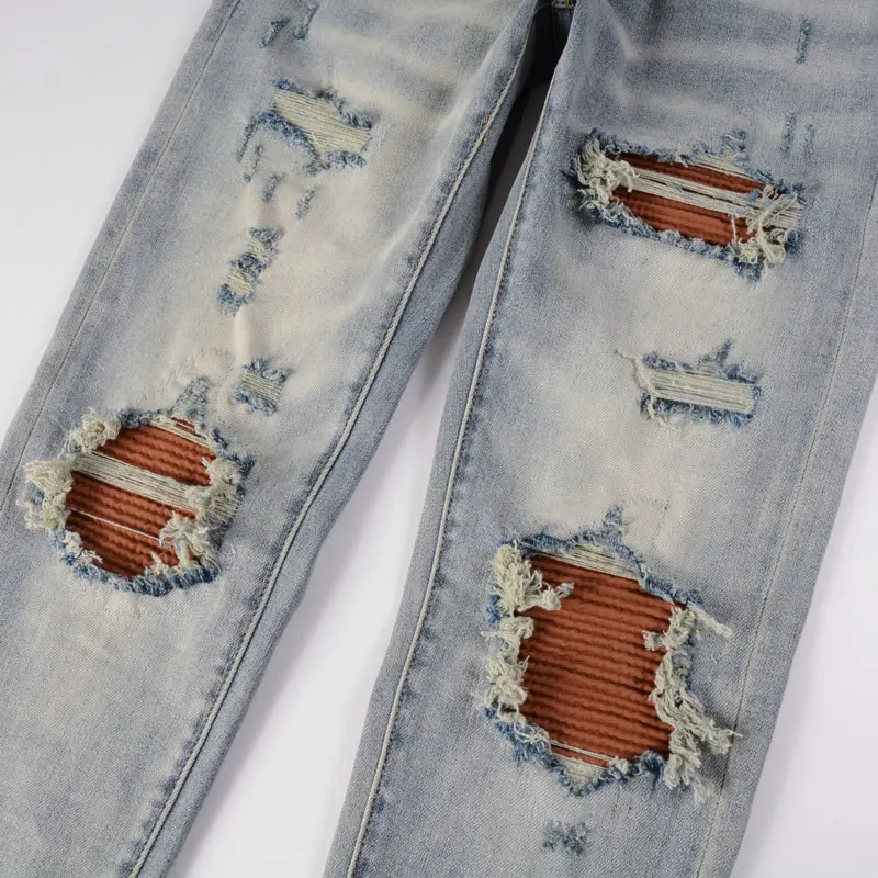 Street Fashion Men Jeans Retro Gray Blue Elastic Stretch Skinny Ripped Jeans Men Caramel Patched Designer Hip Hop Brand Pants