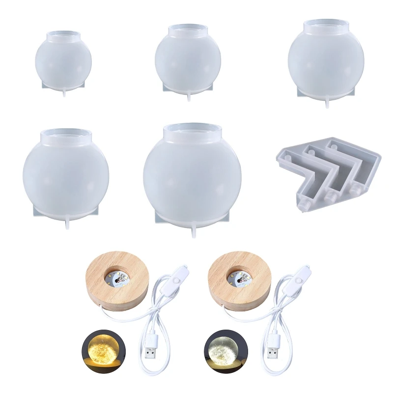 

Large Sphere Round Light Silicone Molds LED White Warm Light for Resin Casting Wooden Light Base Stand for Resin DIY
