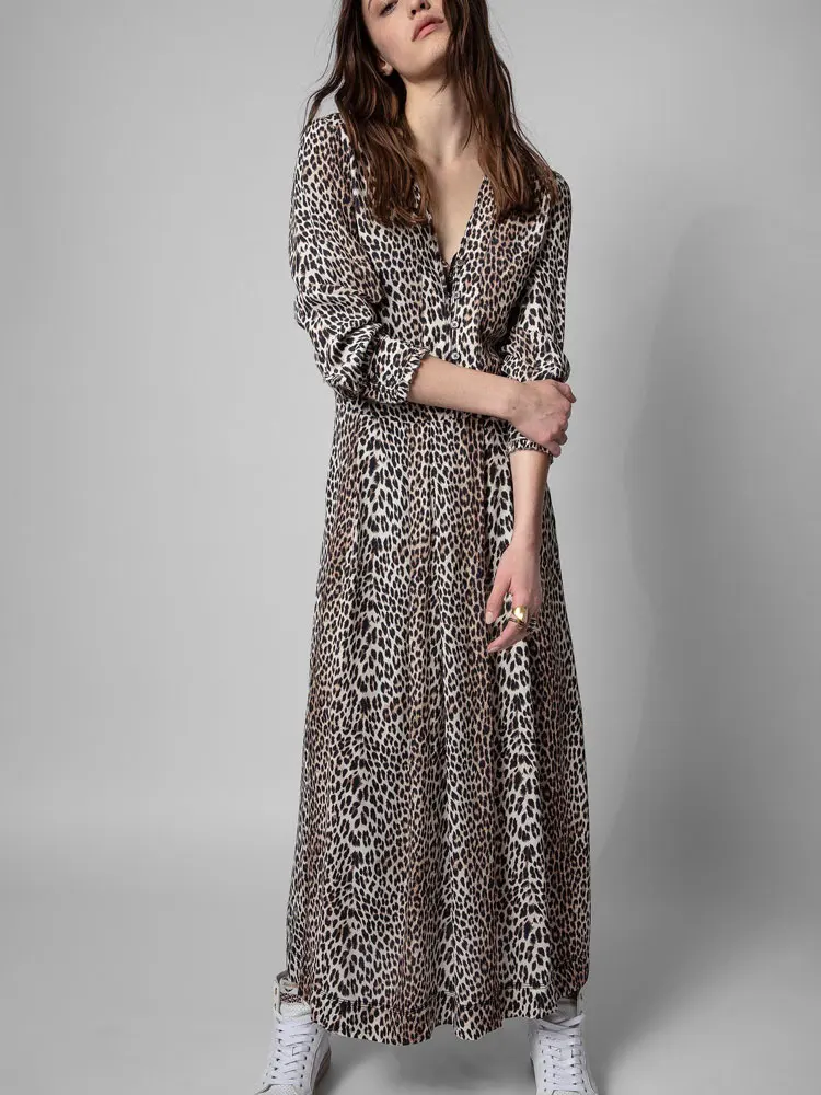

2022 Spring New V-neck Leopard Print Dress Long Sleeve Women Midi Dress