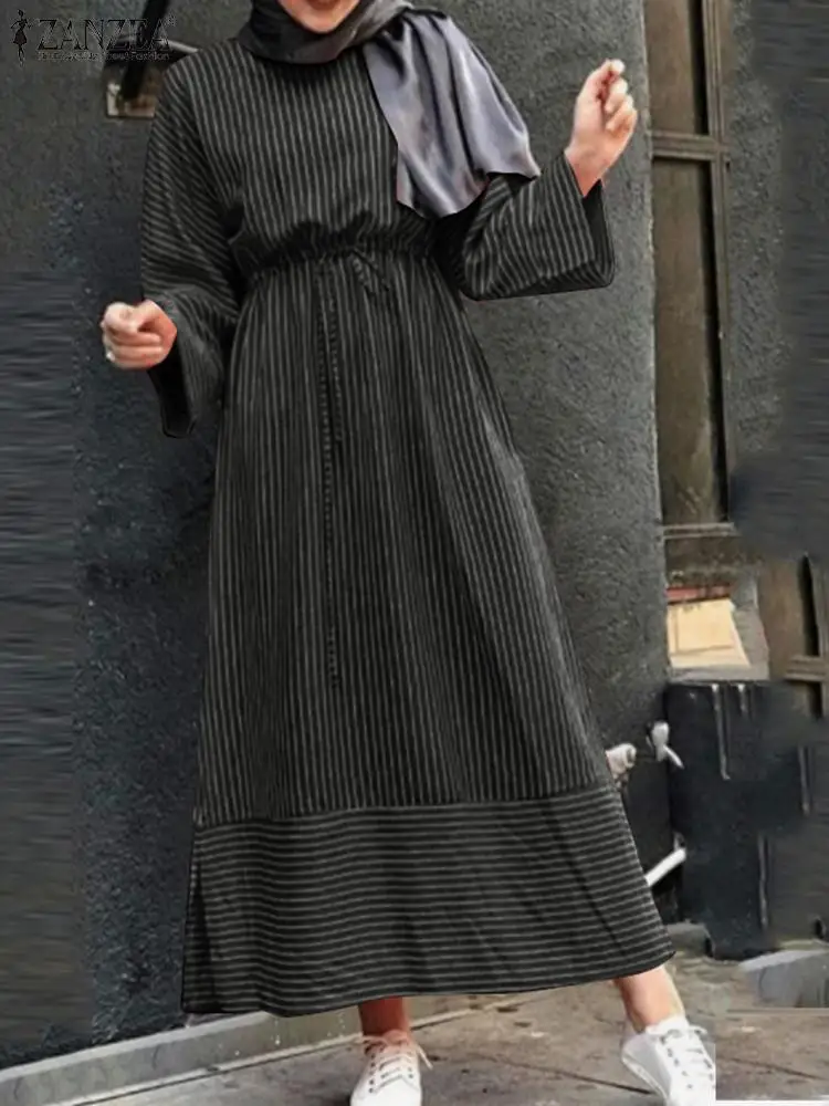 Женское мусульманское платье ZANZEA Дубай, Турция Caftan Marocain Abaya Hijab сарафан с длинным рукавом со шнуровкой в полоску с разрезом халат 2022