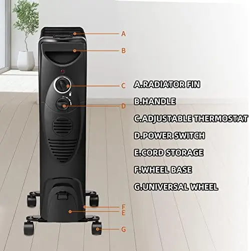 

Filled Radiator Heater - 3 Heat Settings, Adjustable Thermostat, Quiet and Portable Space Heater with Tip-over & Overheating