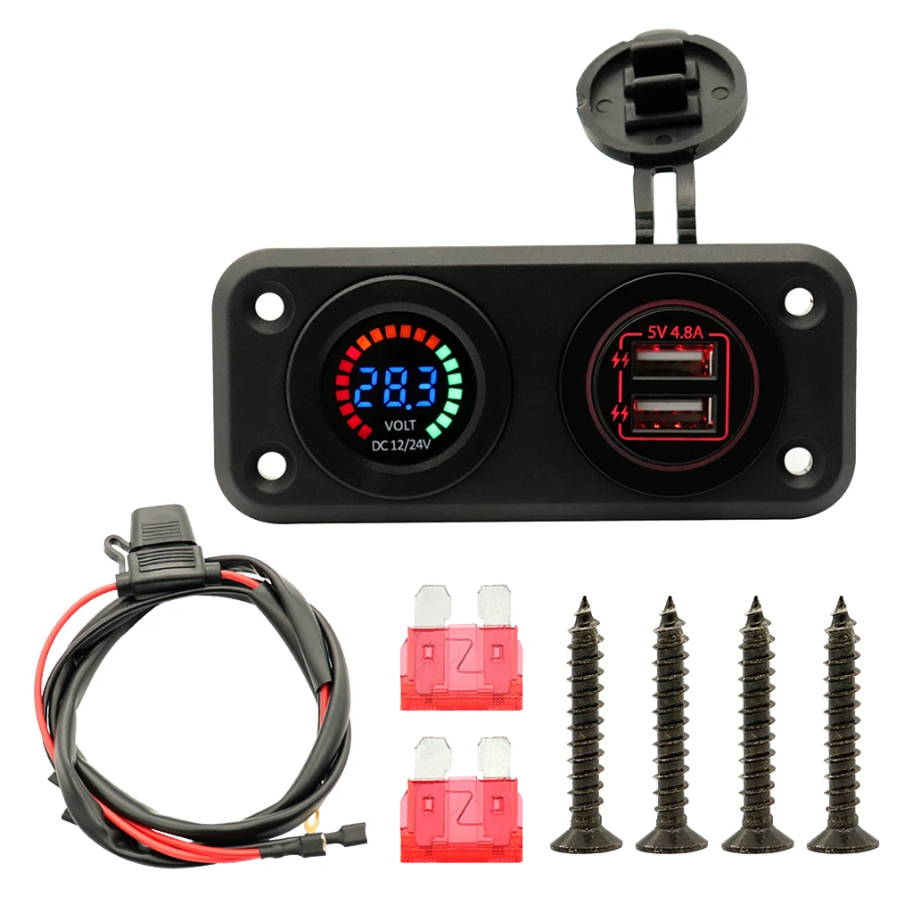

12V -24V Dual USB Charger Power Adapter + LED Voltmeter for Car Boat Marine with Safe Alarm