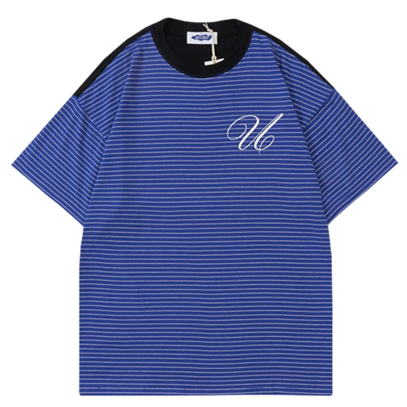 

Men Splicing Stripe Print Tee Shirt 22SS Unisex Short Sleeve 100%Cotton t shirts Female Oversize O-neck Patchwork Tops футболка