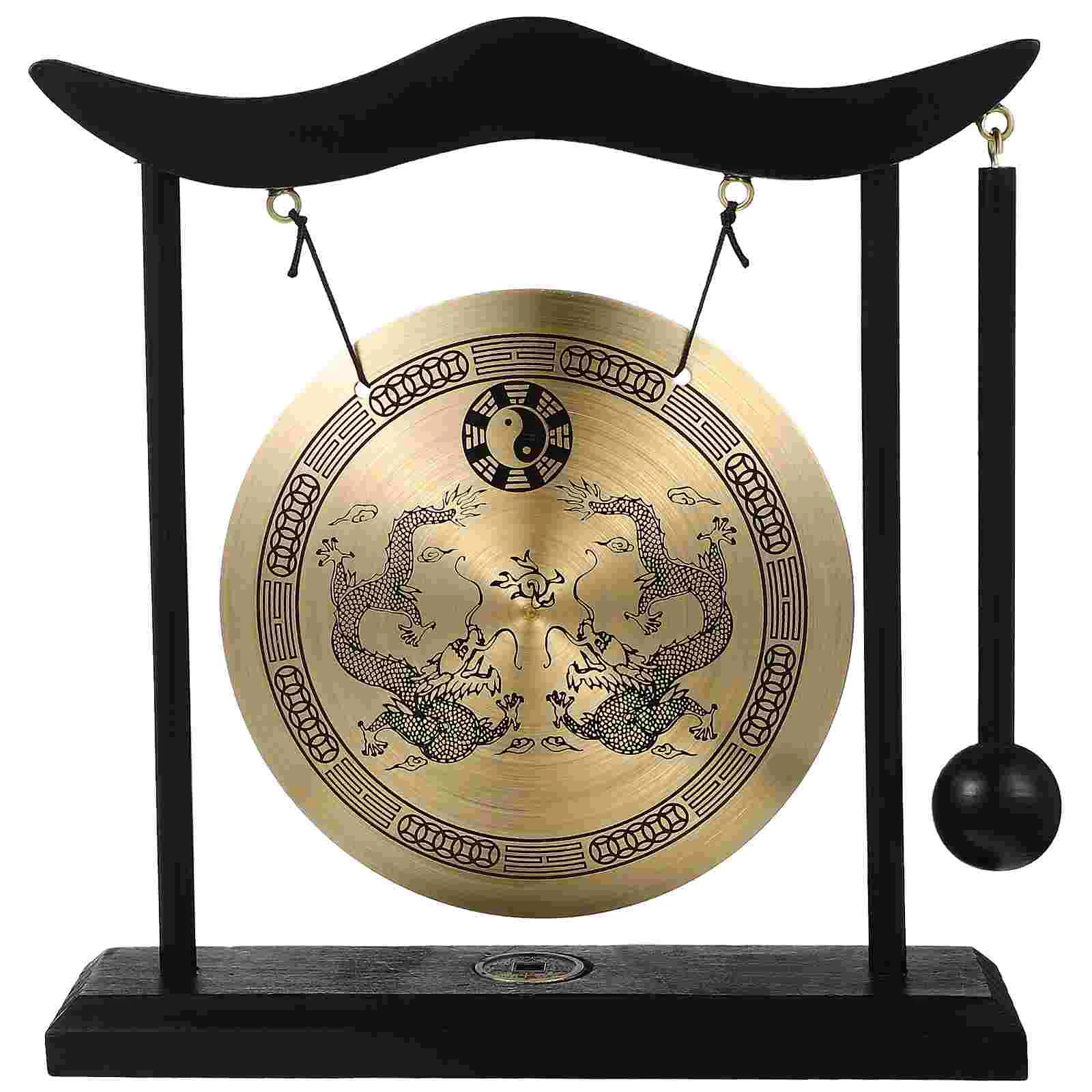 

Chinese Decor Double Dragon Copper Gong Ornaments Office Decoration Alloy Handicraft Desk Mallet