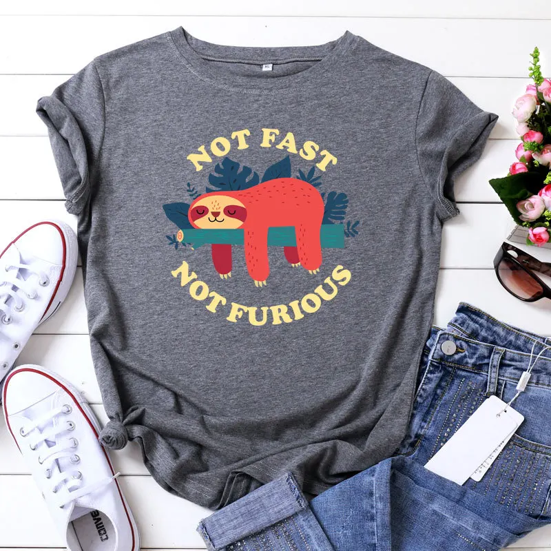 

100% Cotton Cute Lazy Sloth Women T-Shirt Casual Loose Short Sleeve Fashion High Street Female Tees S-5XL Plus Size W877