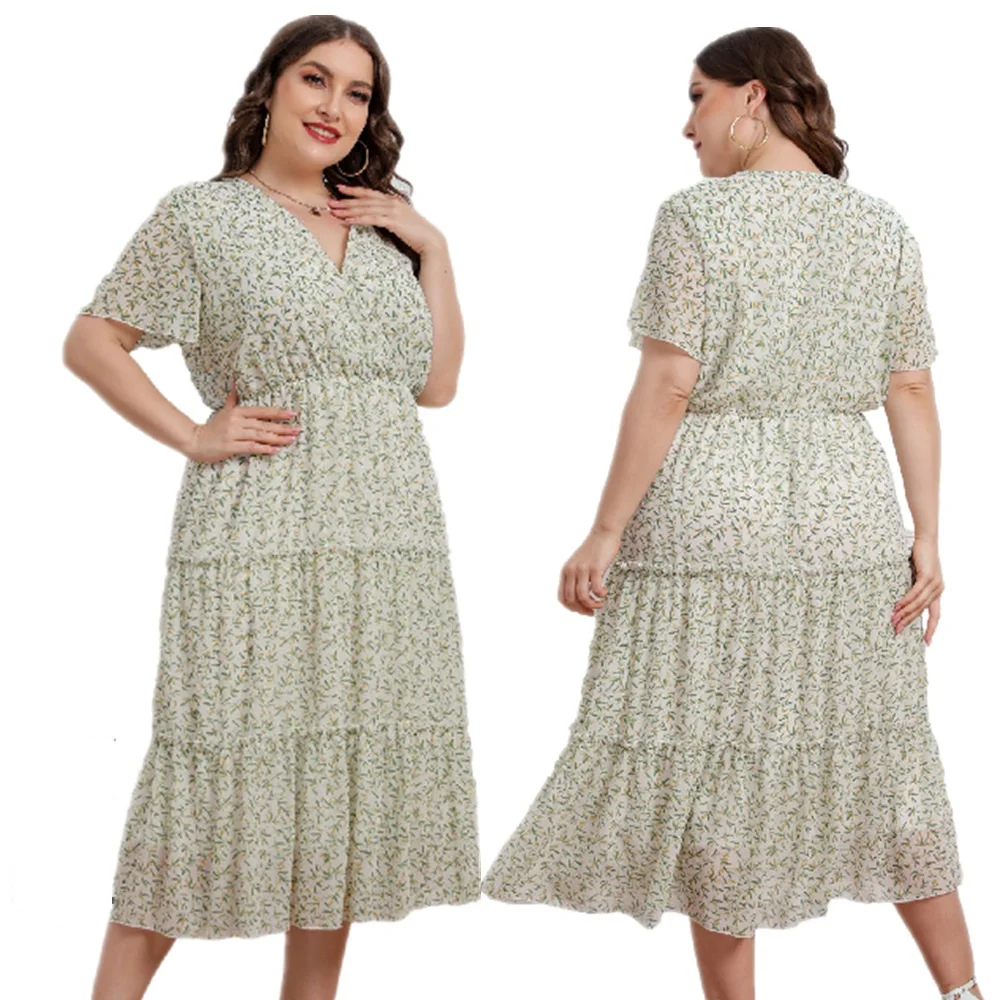 2022 Summer New Hot Sale European And American Style Chiffon Plus Size V Neck Floarl Short Sleeve Dress For Large Women