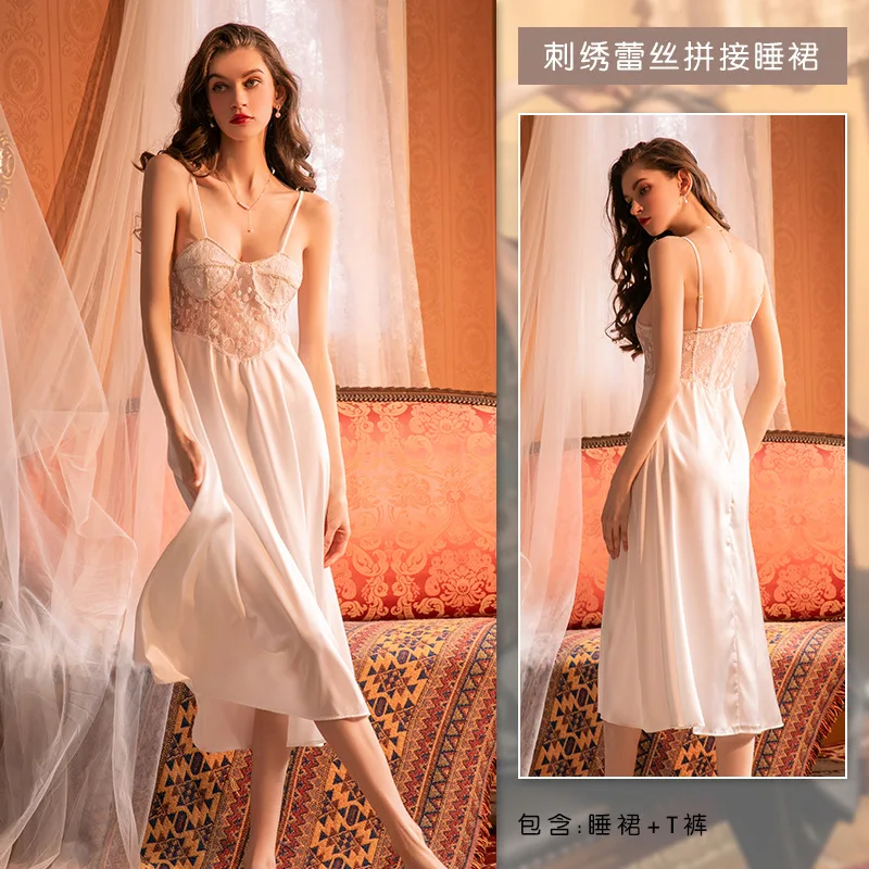Sexy Lingerie Women Night Dress Thongs Pajamas Silk Satin Pijama Sexy Mujer Sleepwear Lace Vestidos Women's Underwear Lingeries