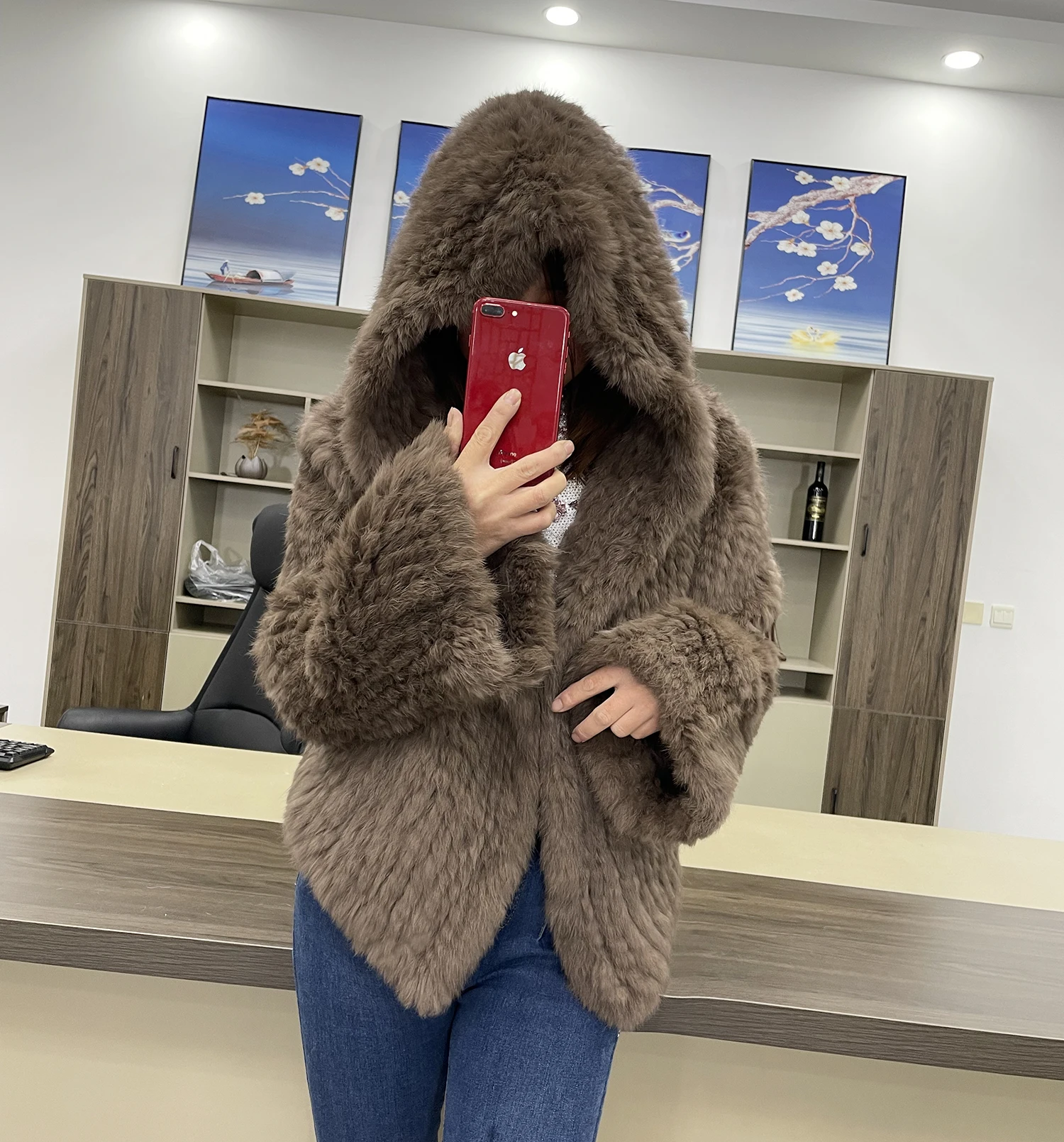 Autumn Winter Women Real Rabbit Thick Fur Coat 100% Natural Fur Warm Jacket Loose Knited Quality Luxury  Hooded Full Sleeves