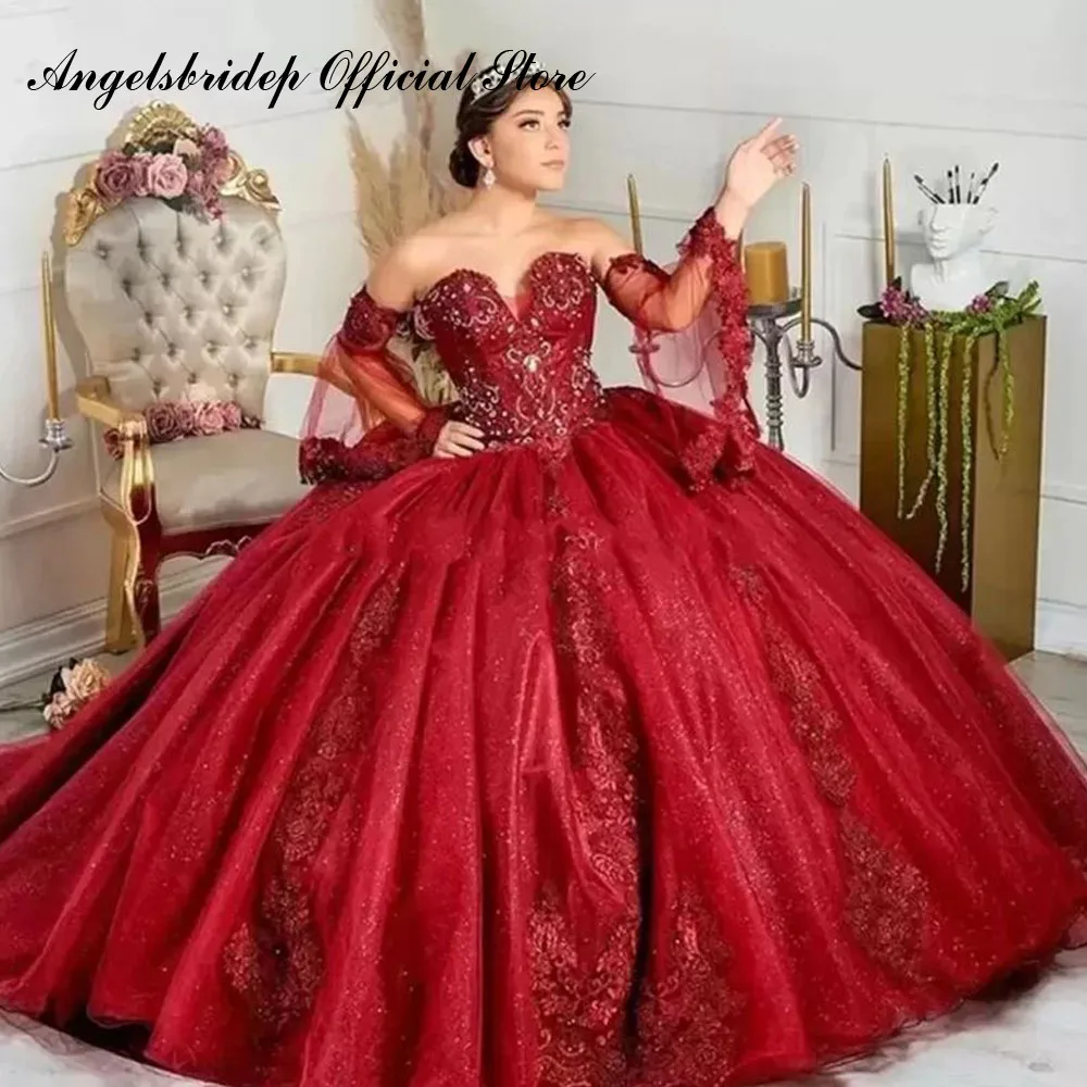 

Angelsbridep Glitter Tulle Quinceanera Dresses Vestidos De 15 Anos Sexy Puff Sleeves Appliques Court Train Birthday Party Gowns