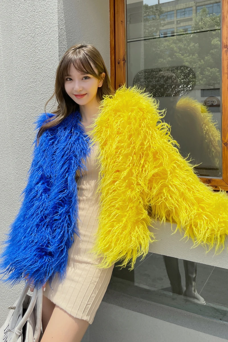 Winter Contrast Color Patchwork Furry Coat Women Korean Style Environmentally Friendly Fur Blue Beach Wool Green Faux Fur Jacket