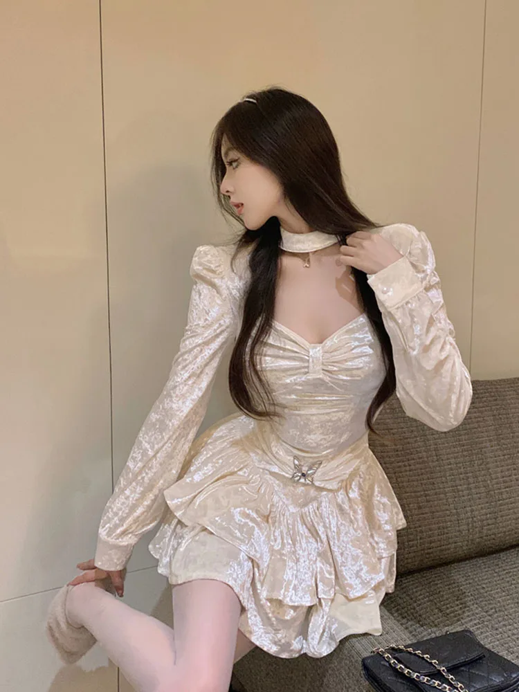 Женское приталенное платье-трапеция элегантное бежевое платье во французском