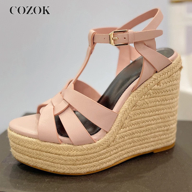 

Fashion Women's Wedges Sandals Real Leather Round Toe Belt Buckle Design Weave Casual Thick Bottom Women Single Shoes Spring