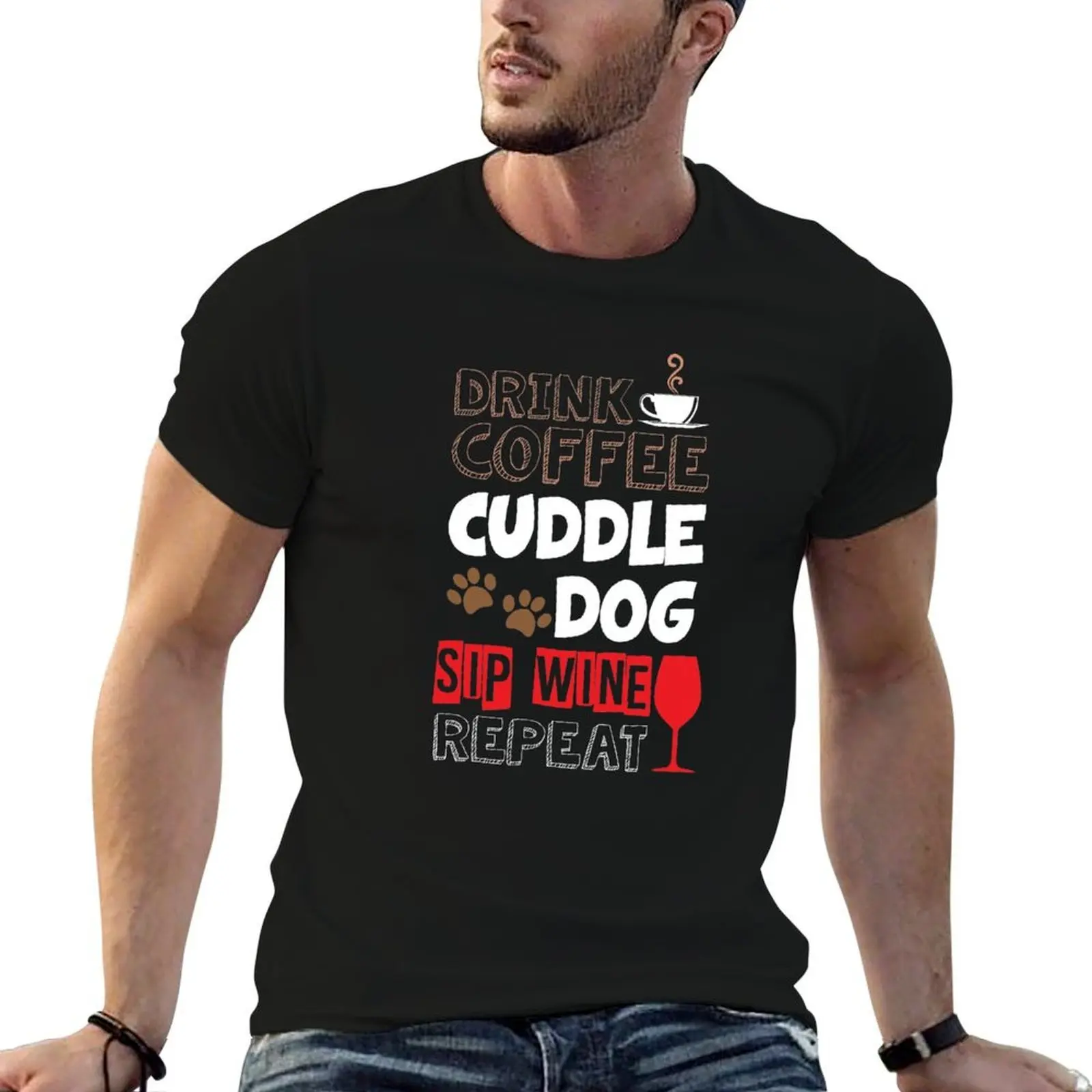 Фото Забавная футболка с надписью «Cute Drink Coffee Cuddle Dog Sip Wine Repeat Wino», мужская забавная футболка, хлопковая футболка №1