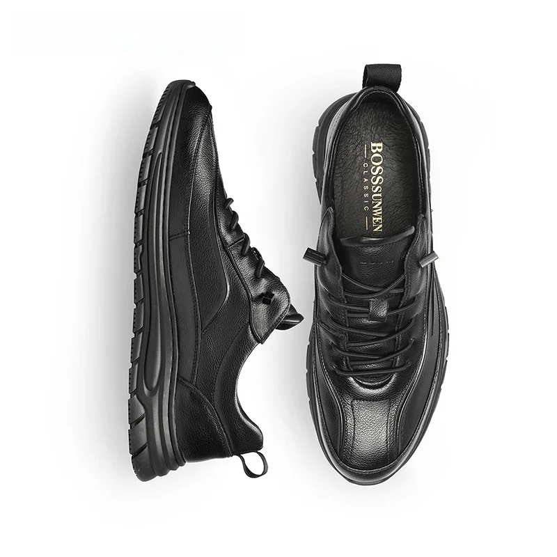Bosssunwen/мужская повседневная кожаная обувь из натуральной кожи деловая черная