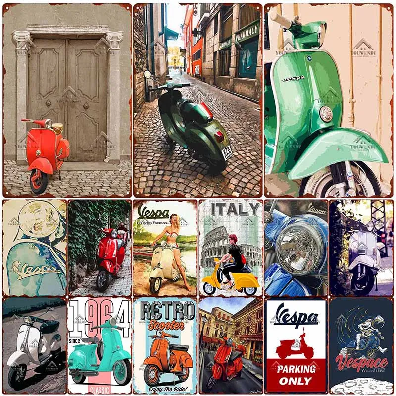 

Home Decor Retro Tin Sign Plaque Metal Vintage Vespa Metal Art Poster Club Bar Motorcycle Garage Wall Decoration Sign Plate