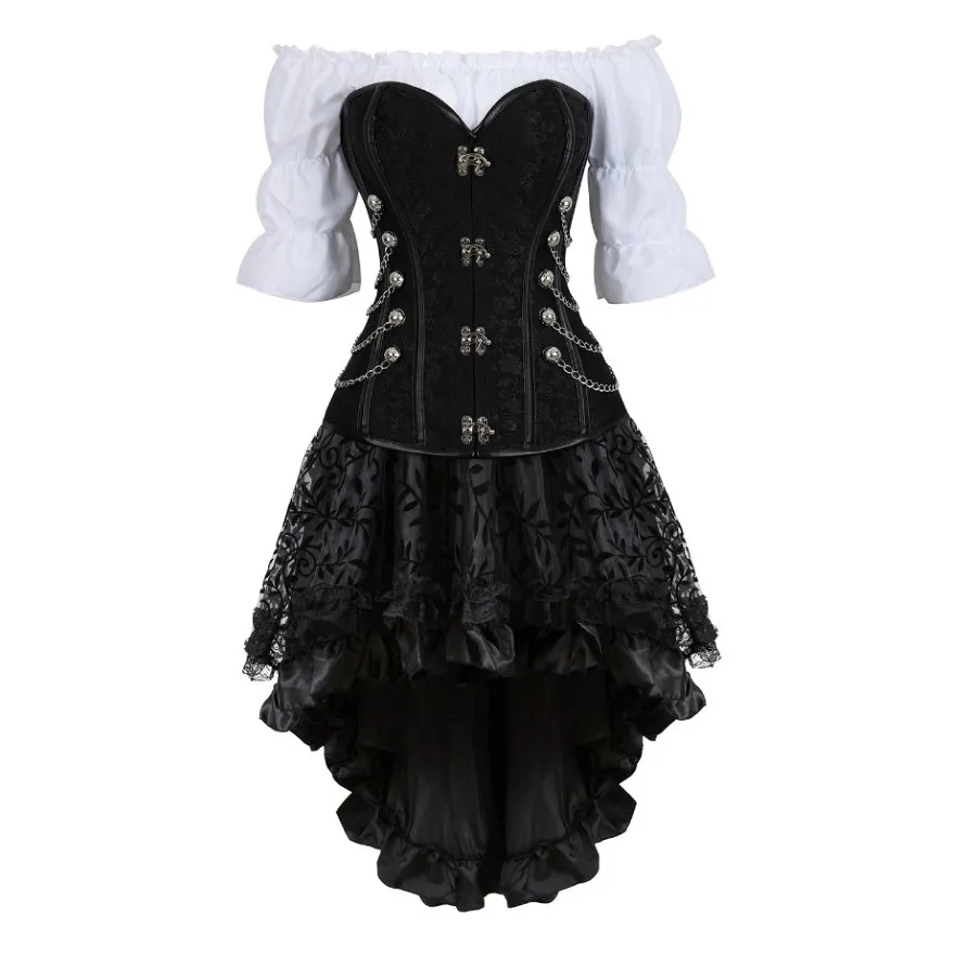 Steampunk Corset Dress Gothic PU Leather Bustier Top Renaissance Blouse With Burlesque Skirt Three-Pieces Set Pirate Costume