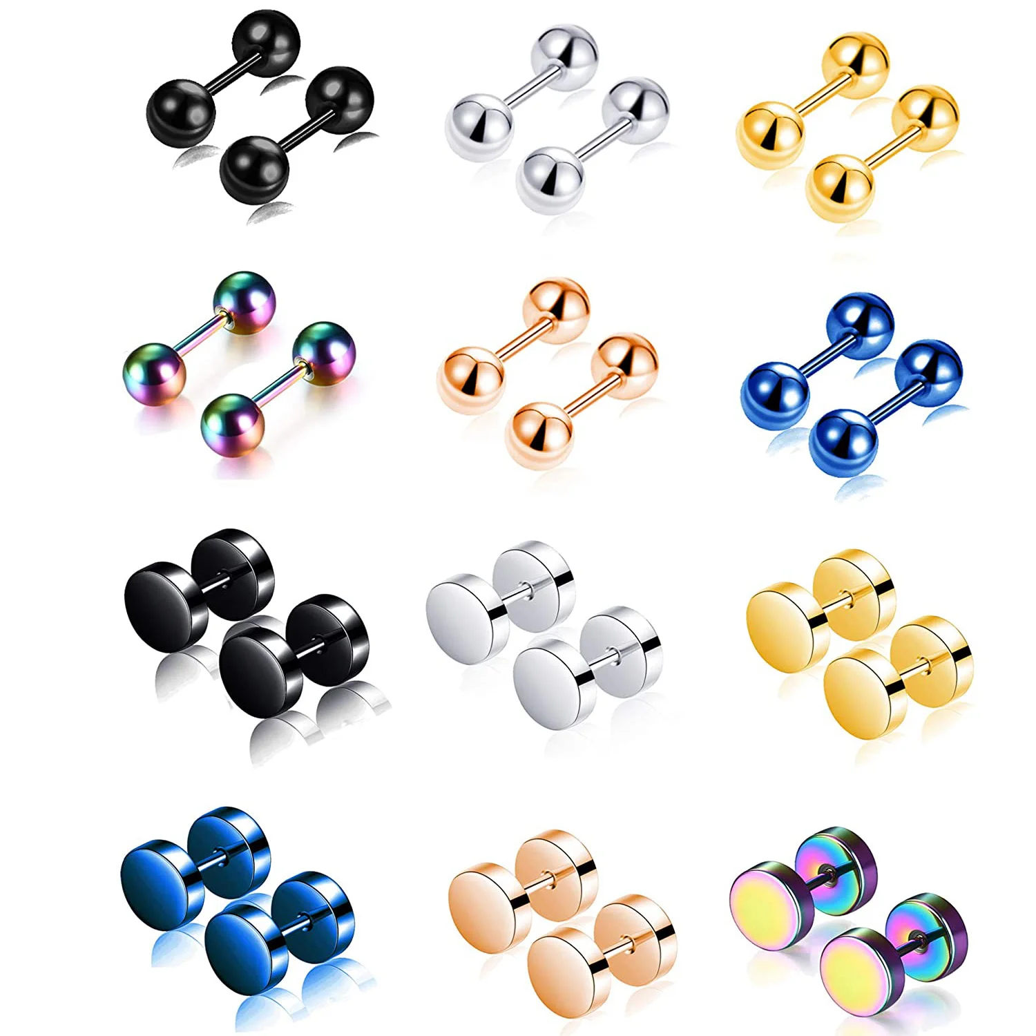 

6/12 Pairs Stainless Steel Stud Earrings for Men Women Barbell Cartilage Helix Ear Piercing Plugs Tunnel Mixed Colors Set