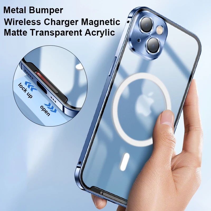 Metal Magnetic Wireless Charger Case For iPhone 14 Plus 13 Pro MAX 12 Aluminum Bumper Shockproof Armor Transparent Phone Cover