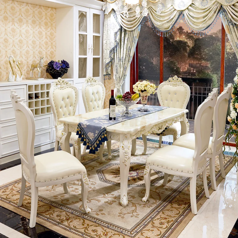 

European marble dining table and chair combination French solid wood carving luxury 6-person rectangular dining table