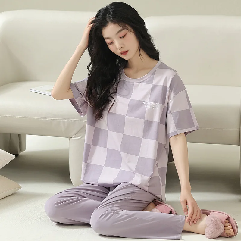 Pajamas For Women Thin Pure Cotton Cool Short-sleeved Trousers Two Piece Suit Summer Sleepwear Purple Grid Cute Style Loungewear
