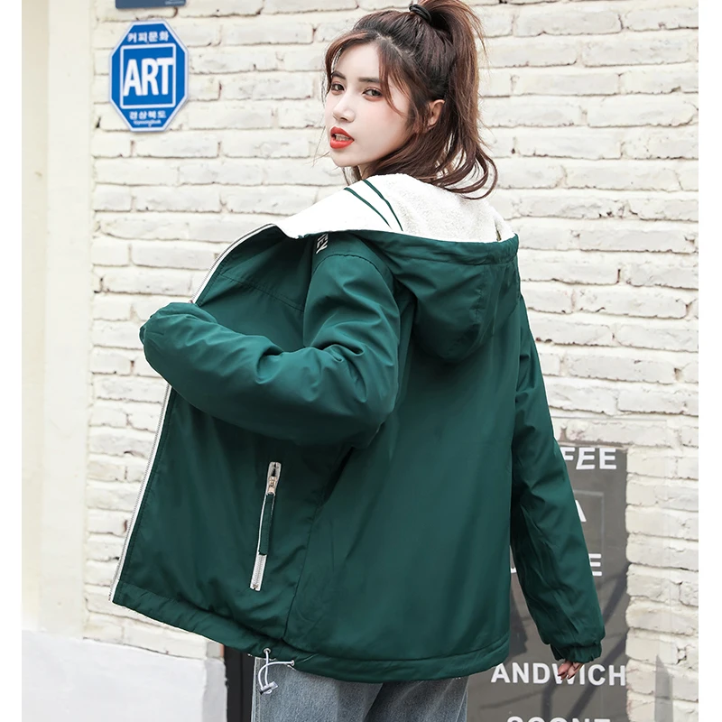 

Women's Clothing Padded Hooded Reversible Lambswool Jacket Green Outerwear Korean Fashion Embroidery Zipper Winter Warm Top