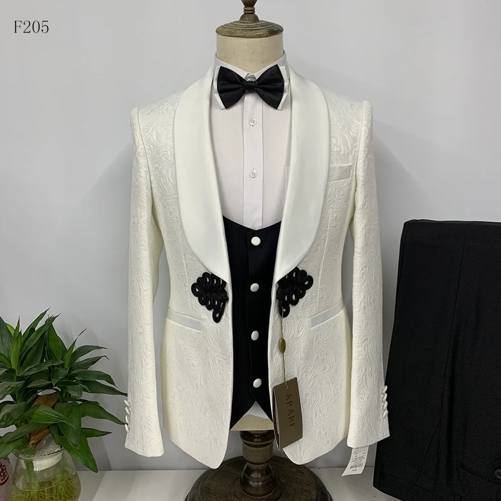 3 Pcs Set Suit Coat Pants Vest / 2023 New Men's Casual Dark Pattern Wedding Banquet Host Dress Blazers Jacket Trousers Waistcoat