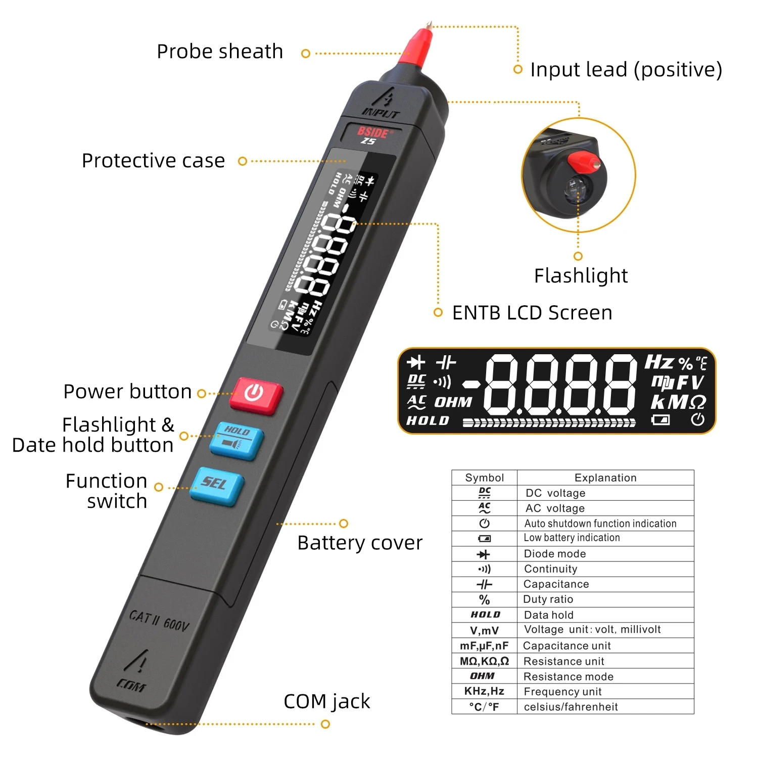 

BSIDE New Digital Multimeter Smart Pen Tester Autoranging 6000 DC AC Voltage Capacitance Ohm NCV Hz Diode Continuity Live Meter