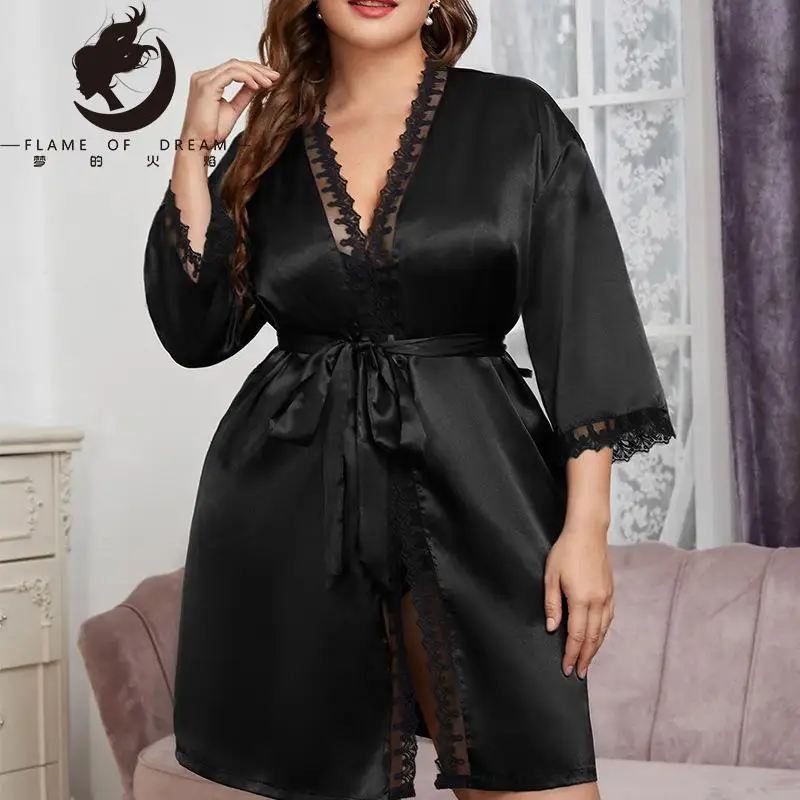 Flame Of Dream Plus Size Lace Nightwear Home Leisure Imitation Silk Cardigan Bathrobe Fashion  Sexy Home Clothes 221457