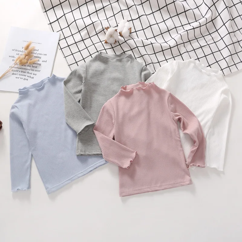 Girls' Cotton T-Shirt 2022 Autumn Children's Long-Sleeve High-neck Warm Bottoming Shirt Baby Kids Clothes Candy Color Tops