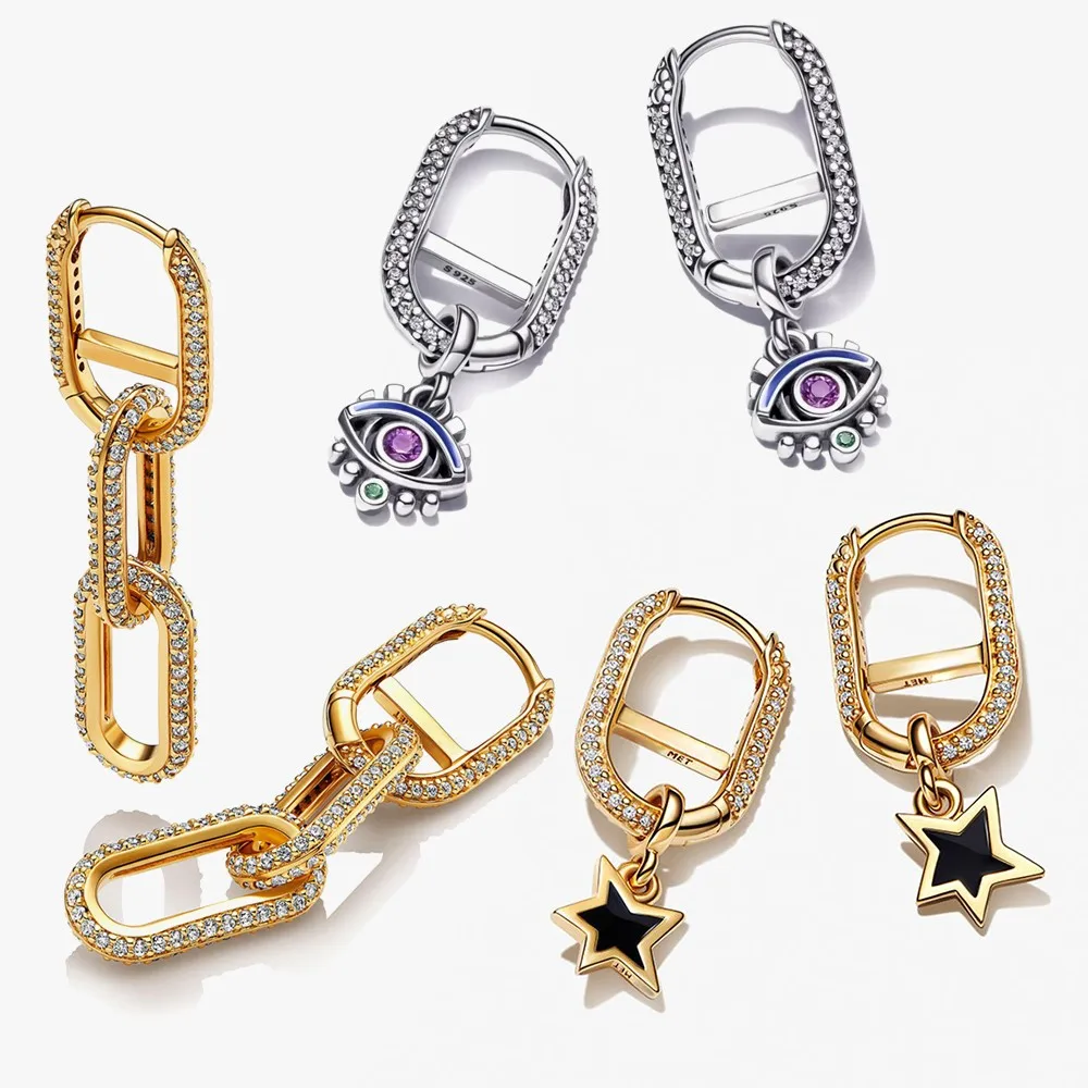 

925 Sterling Silver Me Festival Link Hoop Earring Gold Color Ring and Charms fit for Original Bracelet or Rings DIY Jewelry
