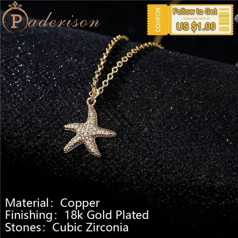 

Korean style lovely Starfish Pendant Necklace for Women Cute Delicate Zircon copper 18K Gold-plated necklace Fashion Jewelry