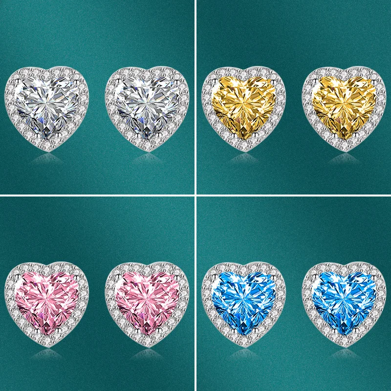 

S925 Silver Love Shaped Earrings Pink Yellow Drill ear studs Peach Heart Earrings Zircon fine jewelry women's gift