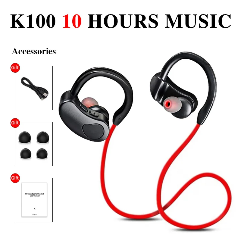 

K100 Wireless Bluetooth Sport Headset Headphone Waterproof Shock Bass Stereo Ear Hook Earphone With Mic For Xiaomi for Huawei