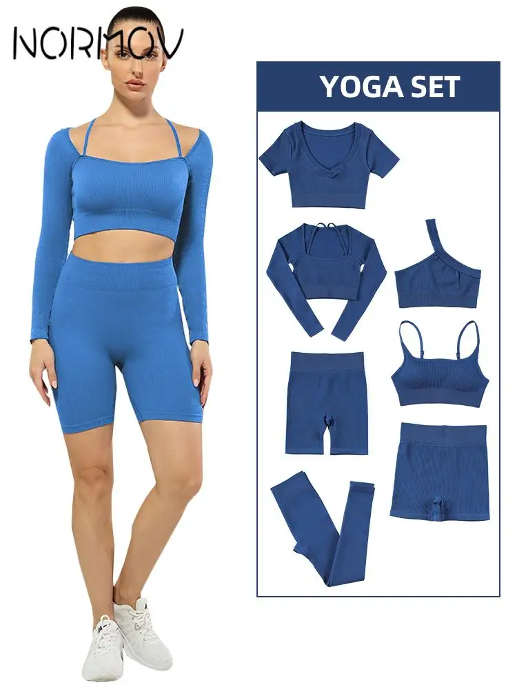 

NORMOV Solid Yoga Set Ribbed Seamless Fitness Suits Bubble Butt Sports Set Gym Outfits Workout Clothing Leggings Bra Shirts