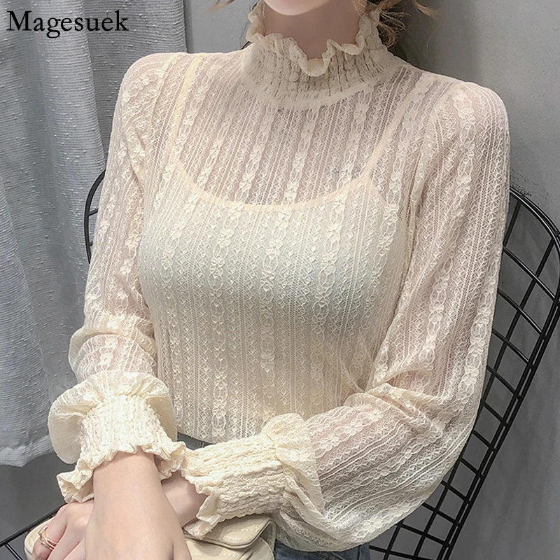 

Women Elegant White Shirts Lace Chiffon Blouse Long Sleeve Fashion Stand Collar Casual Apricot Blouse Hollow Sexy Tops 16807