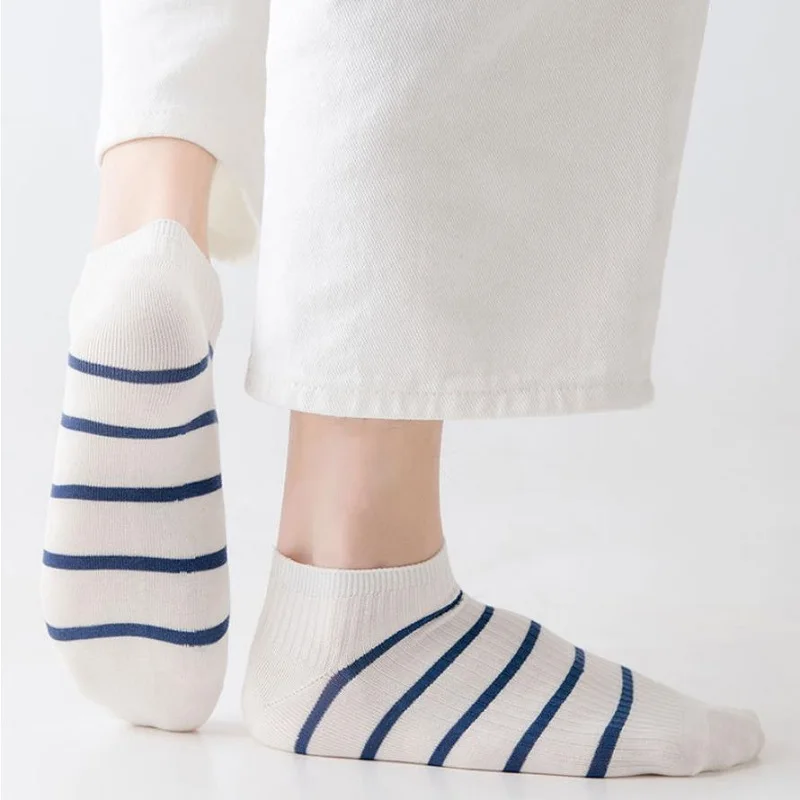 5 Pairs Men Socks Combed Cotton Casual Short Breathable Ankle Socks Absorb Sweat Sports Travel Street Striped Summer Thin Socks