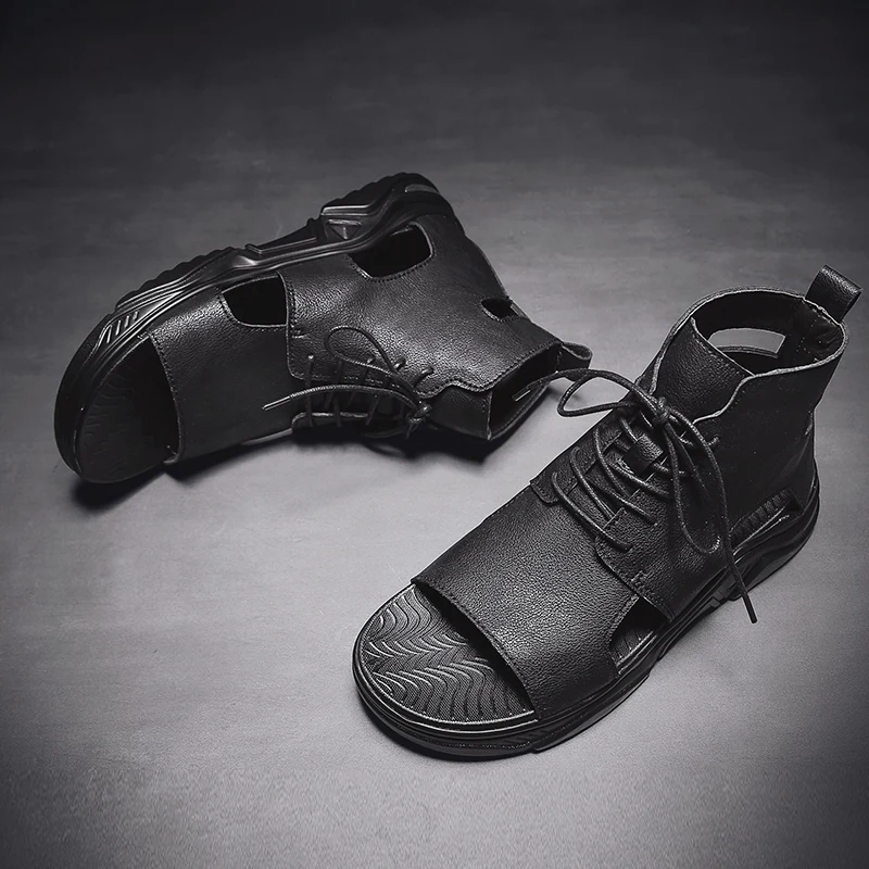 Босоножки мужские высокие модные сандалии с открытым носком на шнуровке мягкие