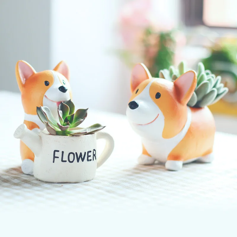 

1pc Creative Resin Corgi Succulent Plant Pots Mini Flower Pot Decorative Desktop Flowerpot Fairy Garden Home Garden WJ804