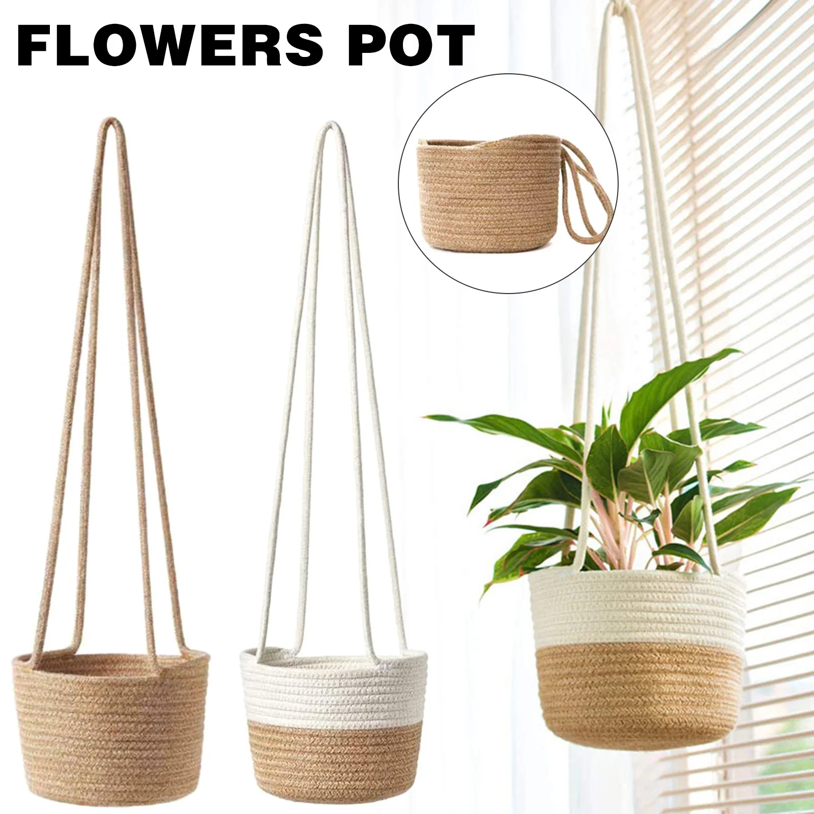 

Подвесная корзина для растений с джутовым хлопковым шнуром, декоративные ручки, комнатный цветочный горшок ручной работы, цветочный горшок...
