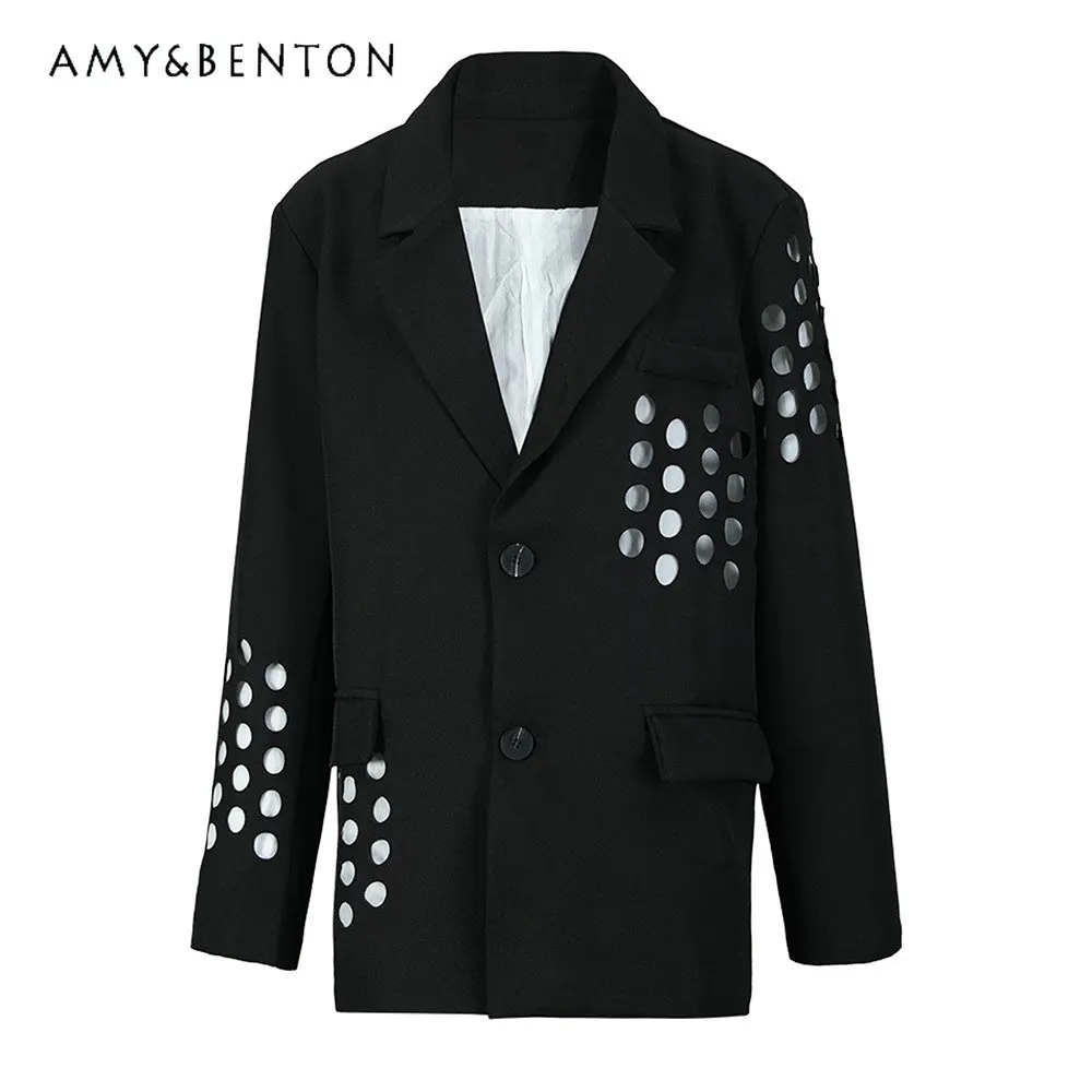 Spring 2023 New Design Sense Suit Ripped High-Grade Niche Fashionable Suit Jacket Women's Long Sleeve Black Clothing Coat