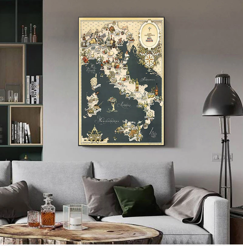 

1949 Vintage Map of Italy Food Adventure Maps Europe Retro Canvas Paintings Kraft Posters Wall Stickers Home Decor Family Gift