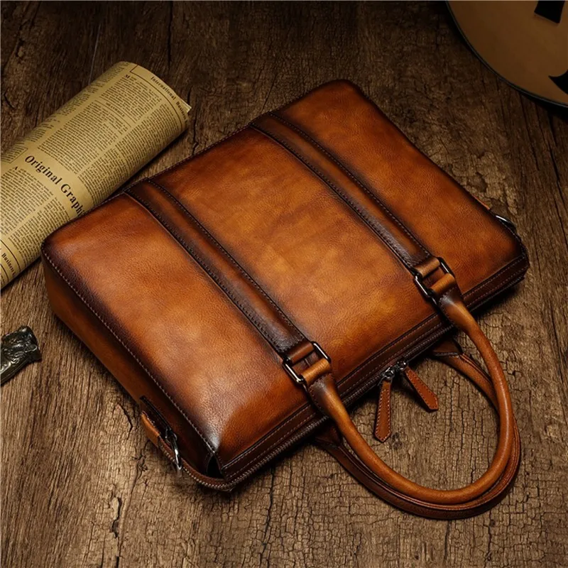 Retro Business Briefcase For Men Women Documents Handbags Genuine Leather Laptop Bag Office Shoulder Bag Fashion Computer Bag