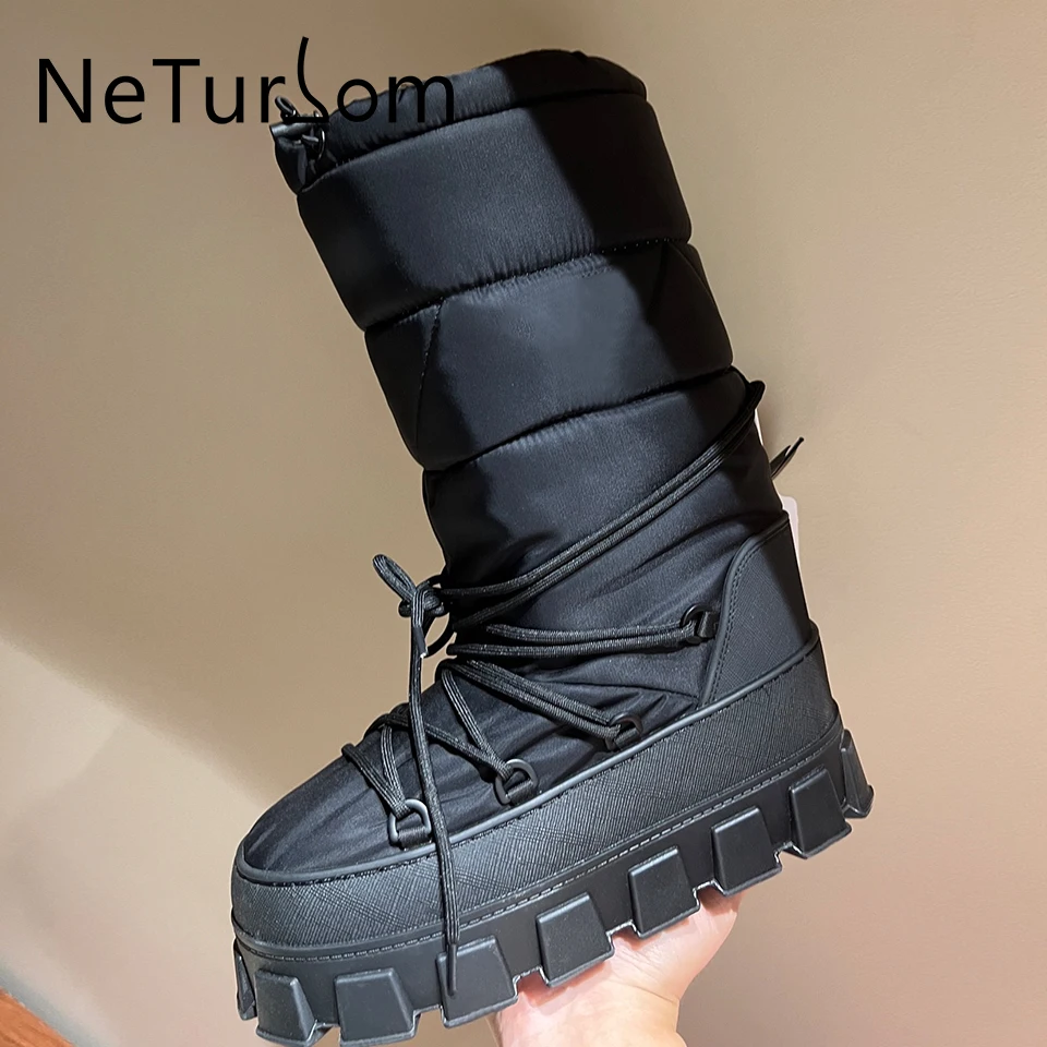 

Winter Cross-tied Cowhide Long Boots Luxury Down Snow Boots Women Warm Thick Sole Cotton Boots With Pocket Waterproof Non Slip